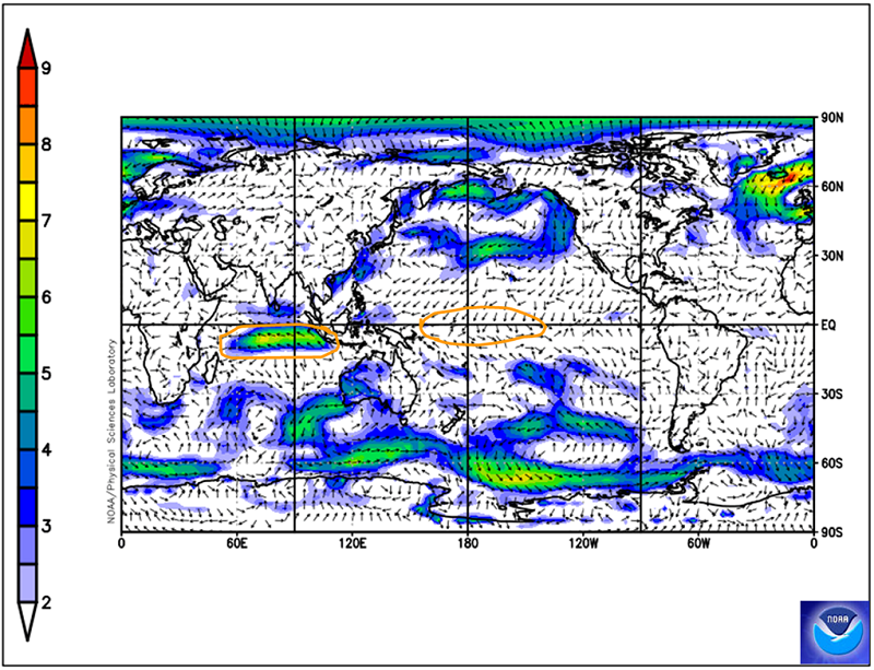 Map showing normal trade wind strength along the Equator and stronger easterly wind off Sumatra.