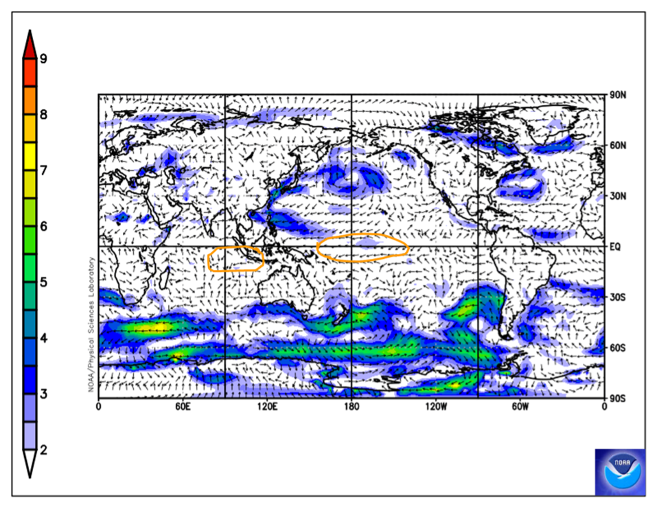 Map showing normal trade wind strength along the equator and around Sumatra.
