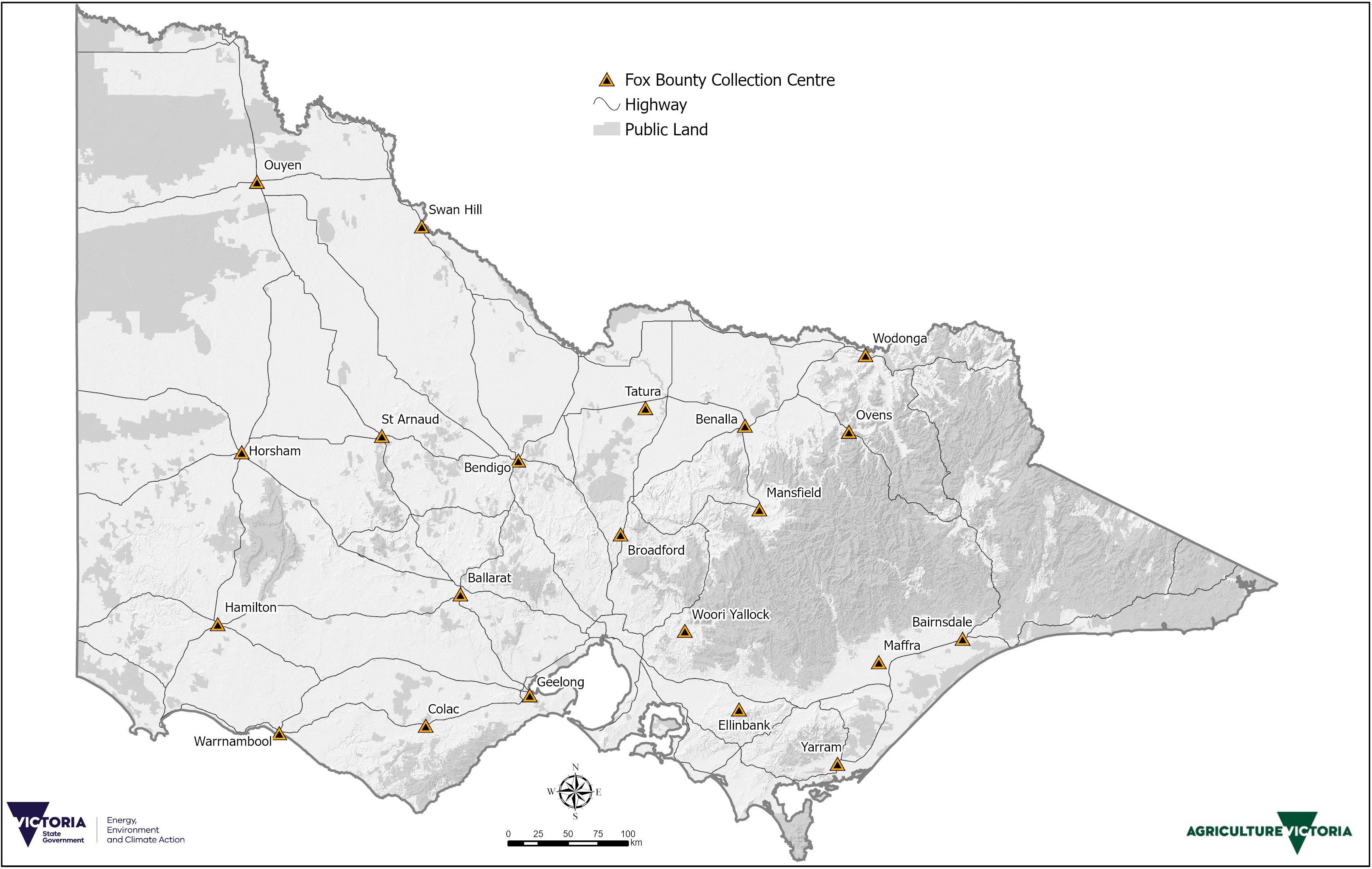 Map of Fox Bounty collection centres in 20 locations across Victoria