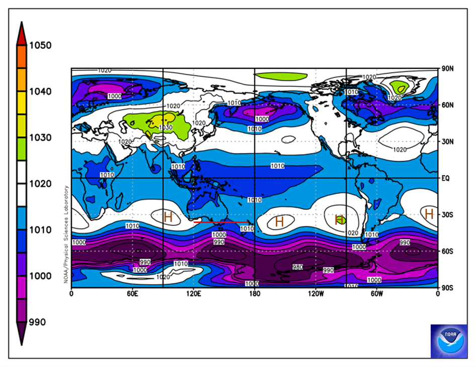 Map of the world showing the Sub Tropical Ridge of High Pressure centred over Adelaide.