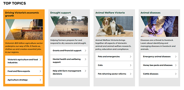 Screenshot of top topics on AgVic home page, in 4 panels, headed, &lsquo;Driving Victoria&rsquo;s economic growth | Drought support | Animal Welfare Victoria | Animal diseases&rsquo; and with description and links beneath each one.