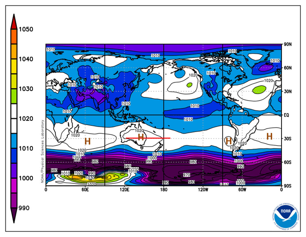 Map of the world showing the STR of high pressure was at a more northern position around Brisbane.