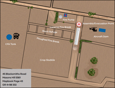 Farm fire preparedness map showing the location of a fire pump, assembly and evacuation point, aircraft dam, CFA tank, stock refuge, lucerne fire break and ploughed fire break on a property at 45 Blacksmiths Road, Masons Hill.