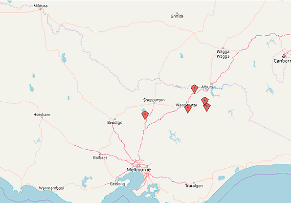 Map of Victoria showing the locations of five suspected arboviral diseases investigations in north-east Victoria