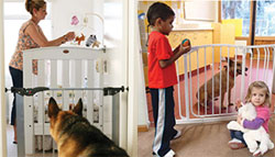 2 images showing a clear and metal baby gate used to separate the children and dogs