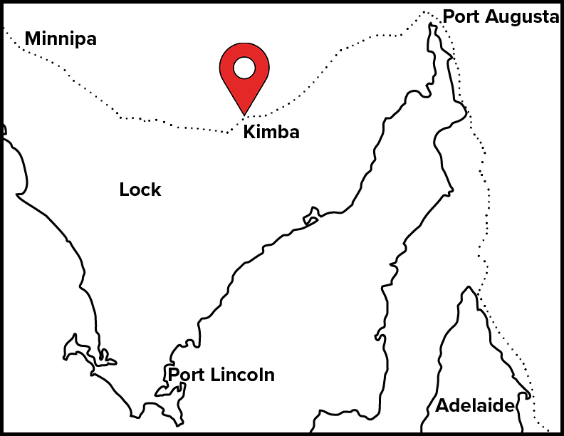 Section of South Australian map showing Kimba, north west of Adelaide between Port Augusta and Minnipa