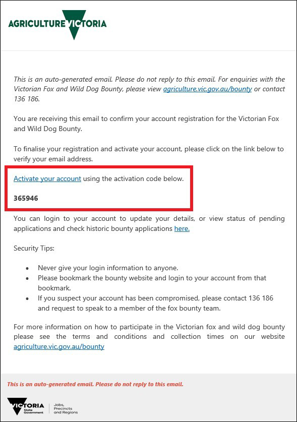 Screen capture of activation email