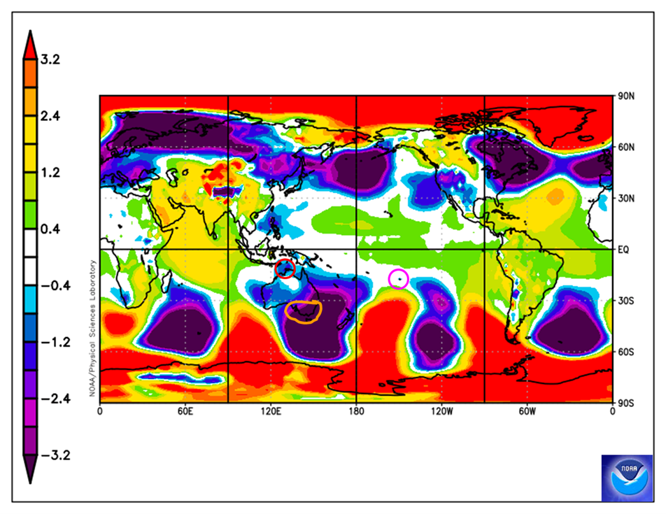 Map of the world showing lower pressure over Australia.