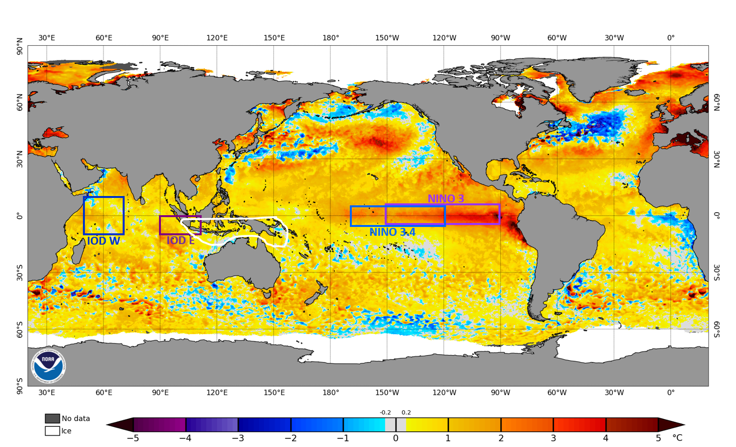 Map of the world showing sea surface temperature anomalies, the central equatorial Pacific is warmer than average. The Coral Sea and north of Australia are normal and the Indian Ocean is warmer.