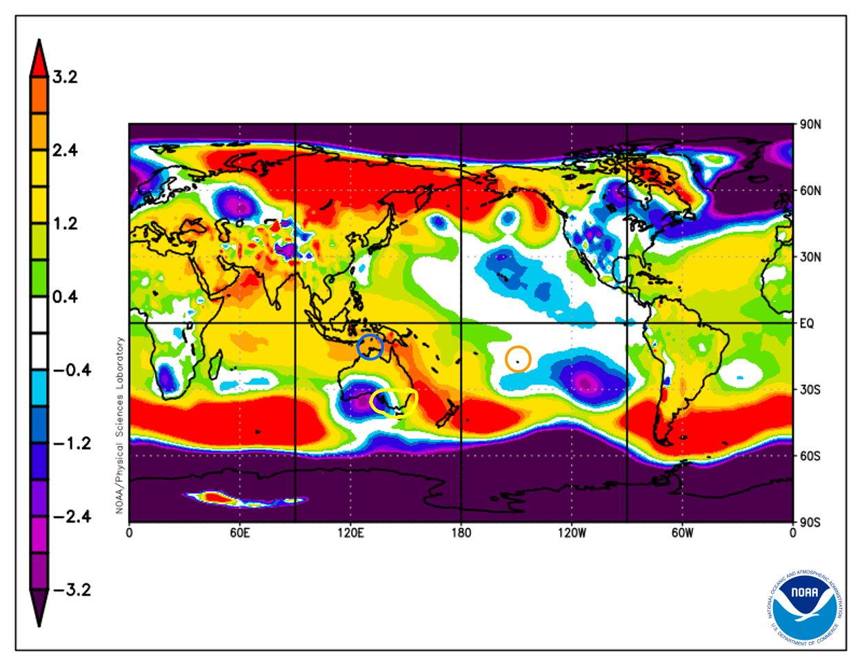 Map of the world showing higher pressure over far eastern Victoria but lower pressure in the Bight.