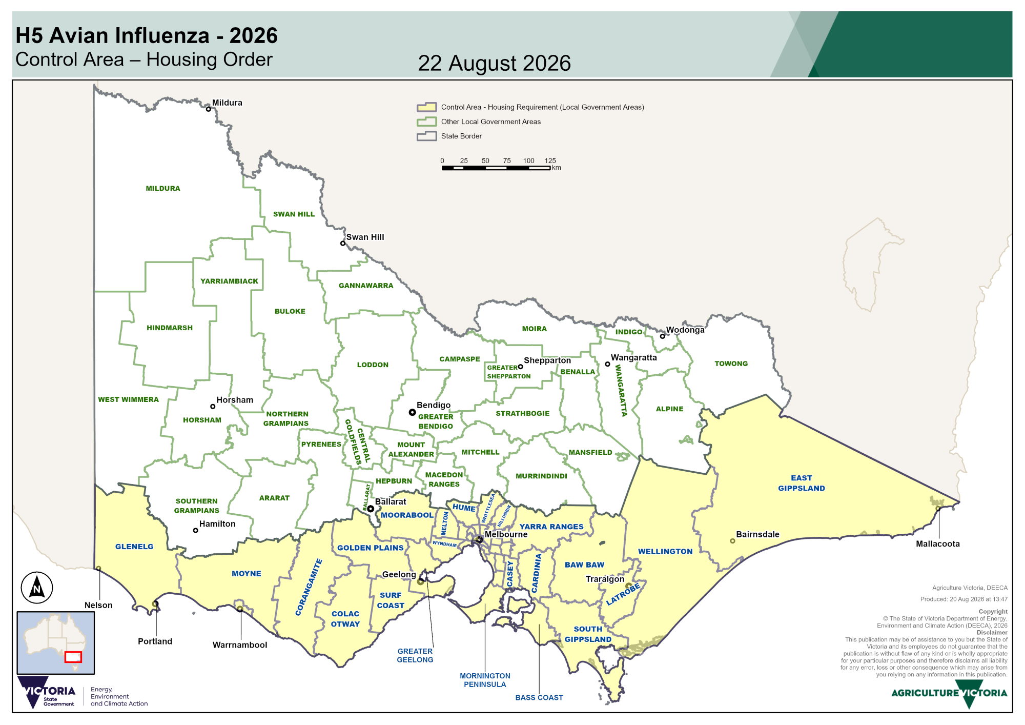 Map of Victoria showing local government areas with H5 avian influenza housing requirements. Affected local government areas are listed below image.