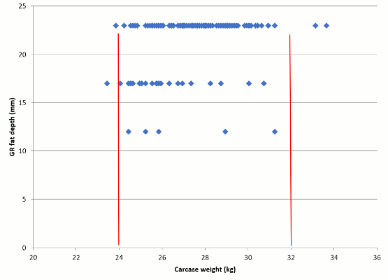 Chart plotting carcase weight in kilograms against GR fat depth in mm, with most carcases within the compliance range, marked by two vertical red lines, of 24 to 32kg. 