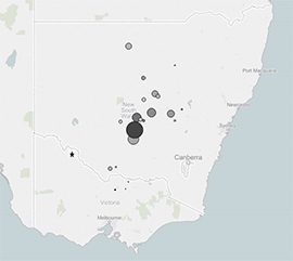 Map showing distribution of sheep anthrax cases in NSW and northern Victoria. The map shows that NSW has many more cases of anthrax in sheep than Victoria
