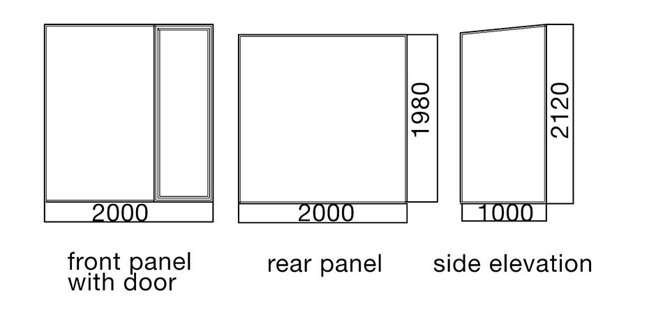 Diagram showing three main panels, front with door, rear panel and side elevations, described in the next steps, measurements in table"