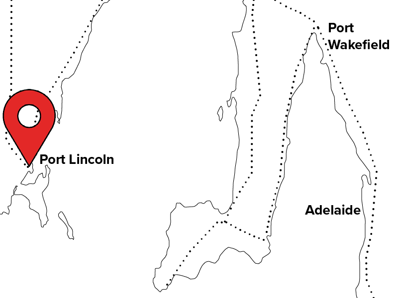 Section of South Australian map highlighting Port Lincoln, west of Adelaide