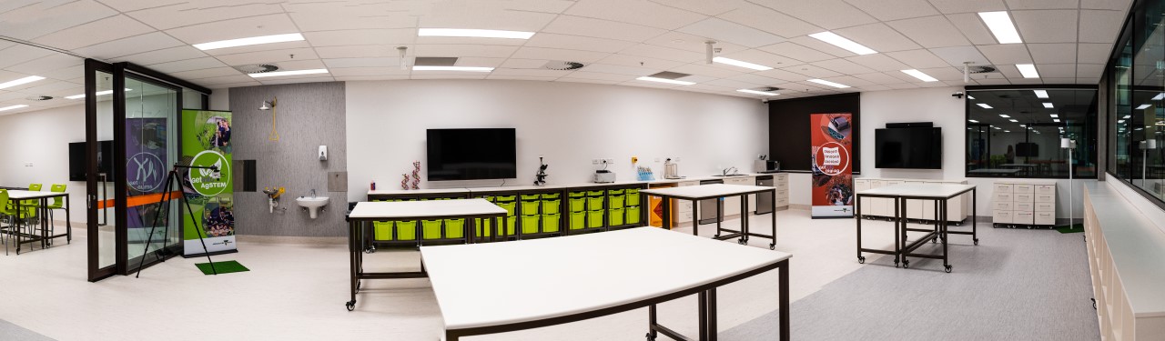 A panoramic photo of a laboratory