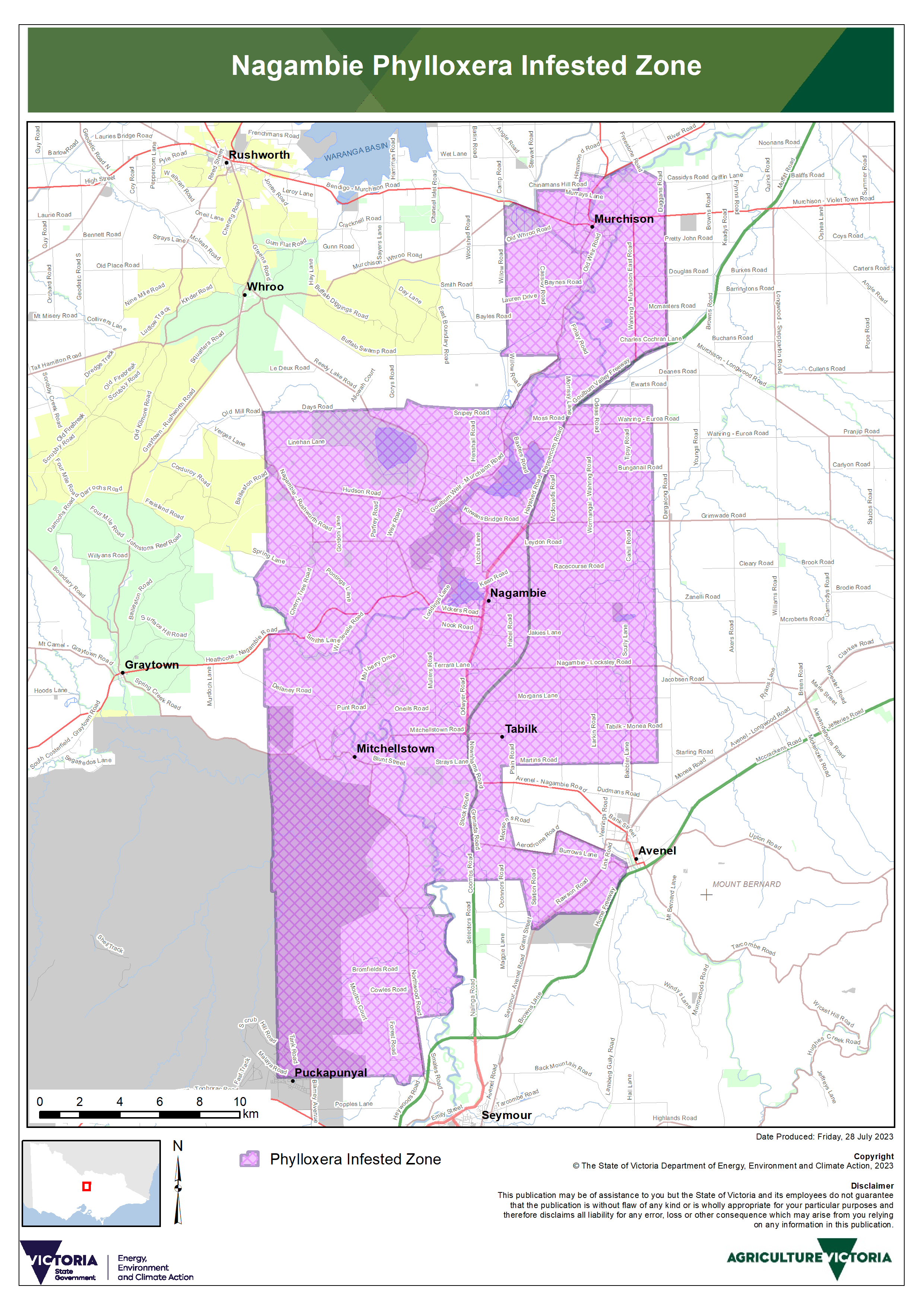 A map showing Nagambie Phylloxera Infested Zones as of July 2023