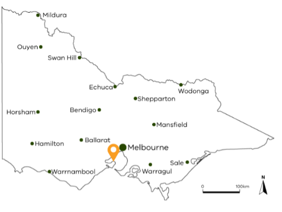 Map of Victoria showing the location of the farm on the Bellarine Peninsula near Geelong