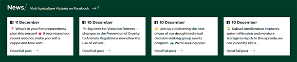Screenshot of news bar on AgVic home page, showing links to 4 recent Facebook posts.