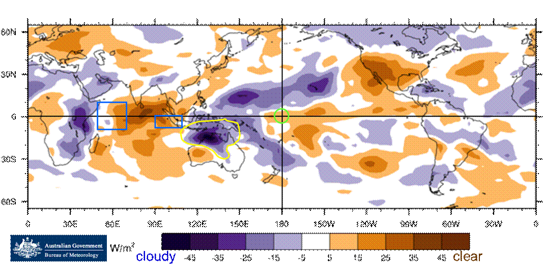 Map of the world showing cloud at the junction of the Date Line is slightly less than normal. A large area of much greater cloud existed in northern Australia.