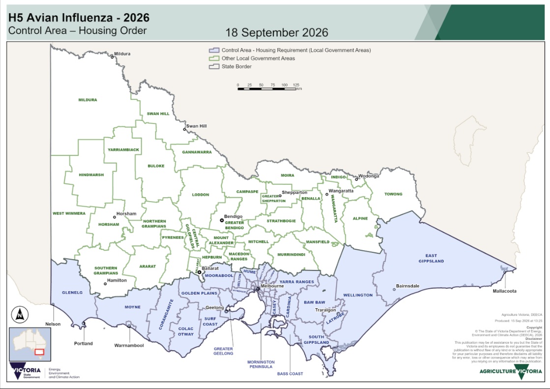 Map of Victoria showing local government areas with H5 avian influenza housing requirements. Affected local government areas are listed below image.