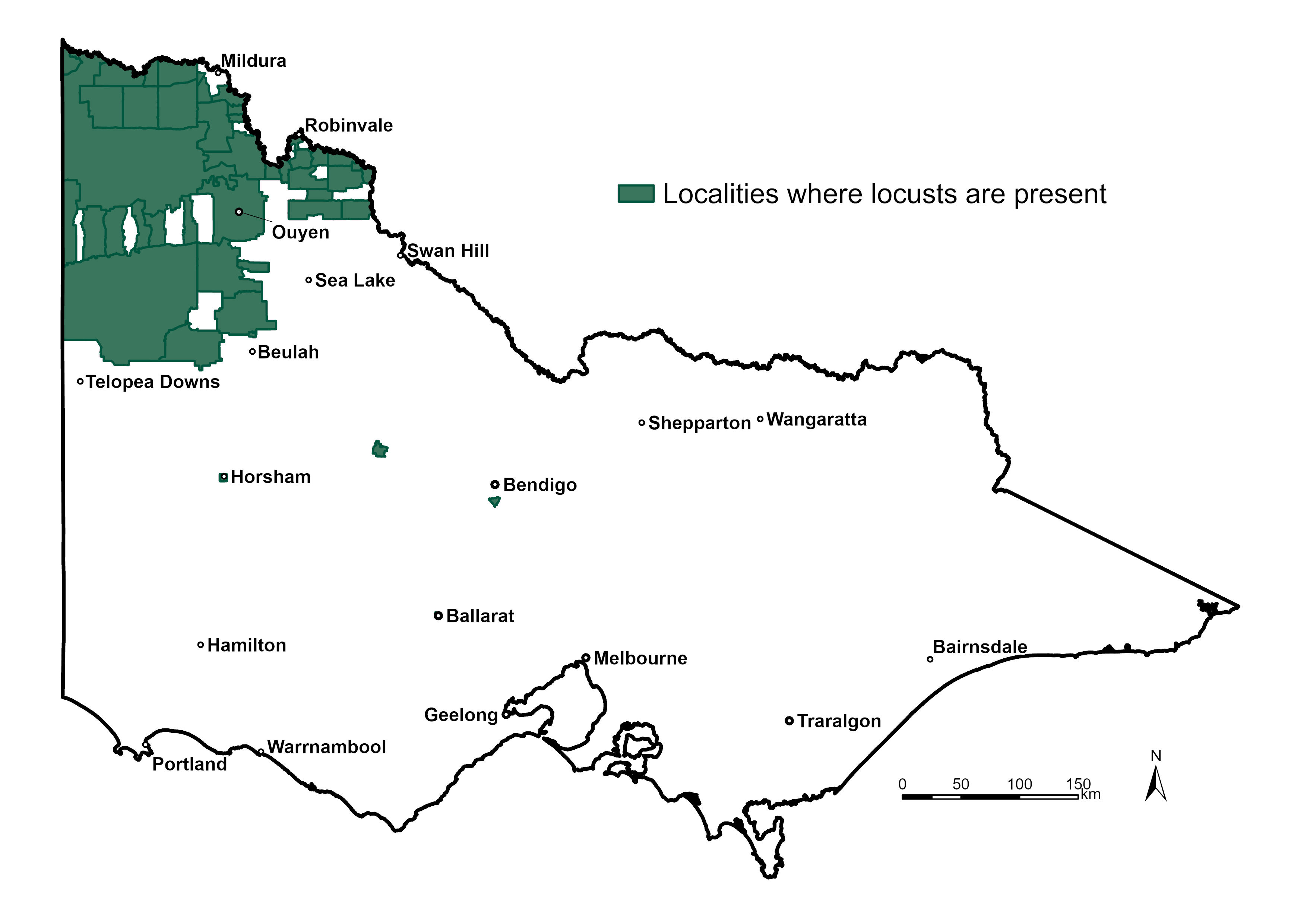 Map of localities where Australian plague locusts have been reported or detected to Agriculture Victoria Map of Victoria showing locusts mainly across north-west Victoria, with isolated detections in western and central Victoria.