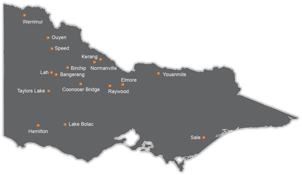 Map of Victoria showing the areas — Sale, Hamilton, Lake Bolac, Raywood, Coonooer Bridge, Taylors Lake, Elmore, Bangerang, Lah, Birchip, Normanville, Youanmite, Kerang, Speed, Ouyen, Werrimul, Yalla-Y-Poora   