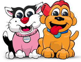 Cartoon cat and dog looking happy