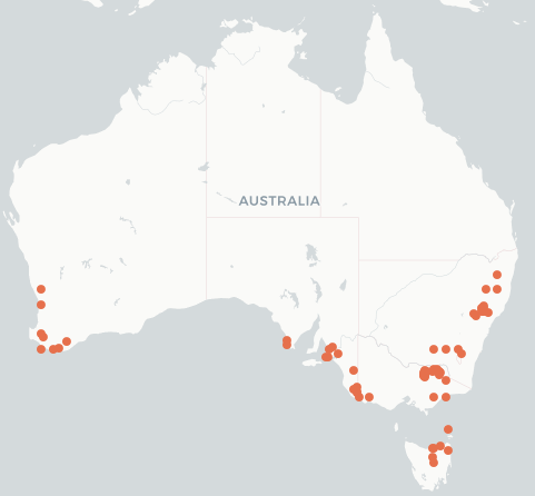 Map of australia showing O binodis in south west WA, southern SA, Vic and eastern NSW and north eastern Tasmania