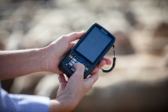A person holding a GPS unit