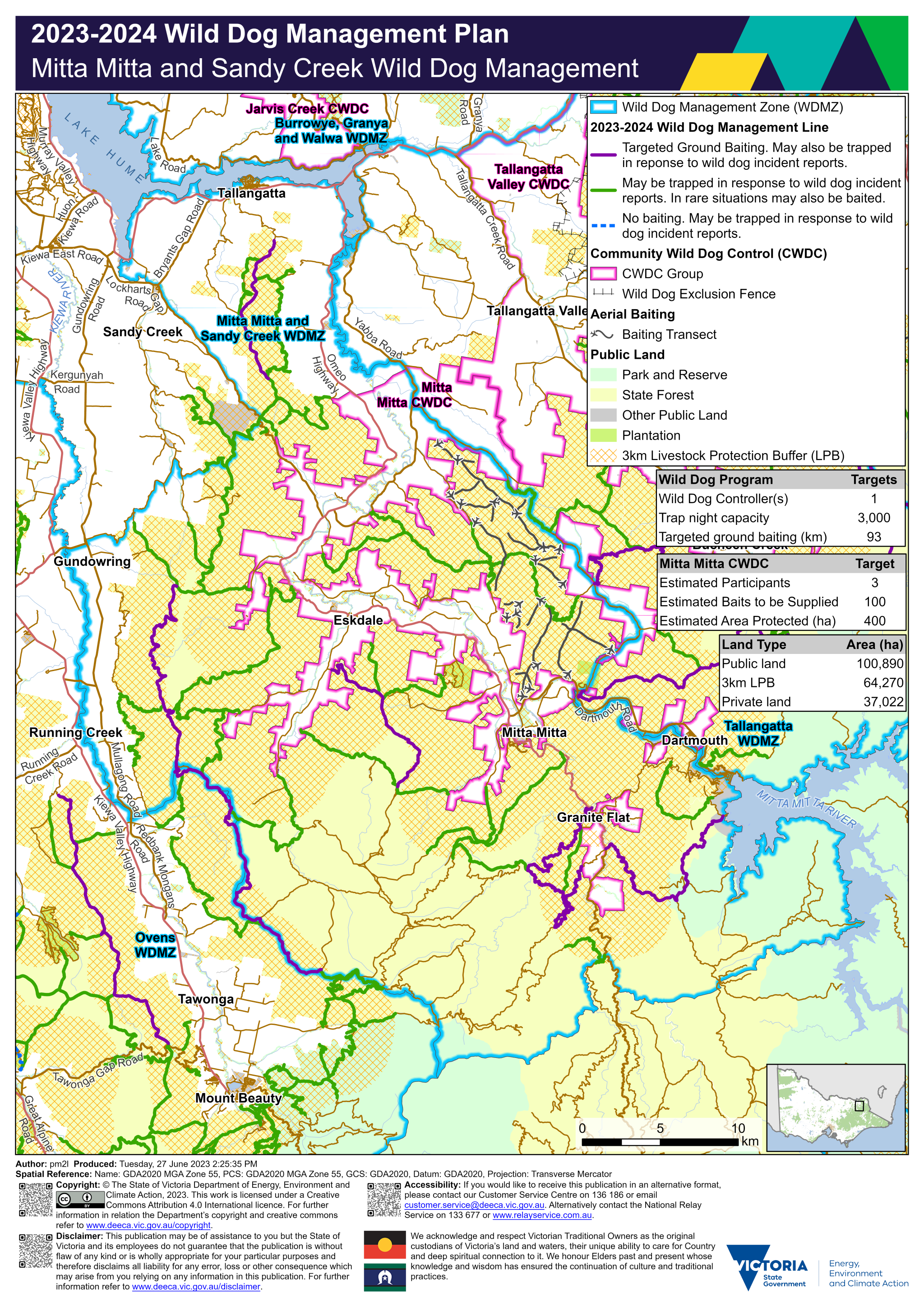 A detailed map of the Mitta Mitta and Sandy Creek regions showing the Mitta Mitta and Sandy Creek wild dog management zone along with Trapping and Priority 1 and Priority 2 ground baiting transects. Further information below image.