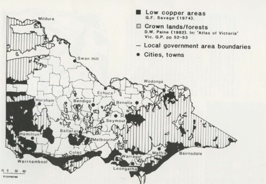 Map of Victoria showing copper deficiency across the state in 1974.