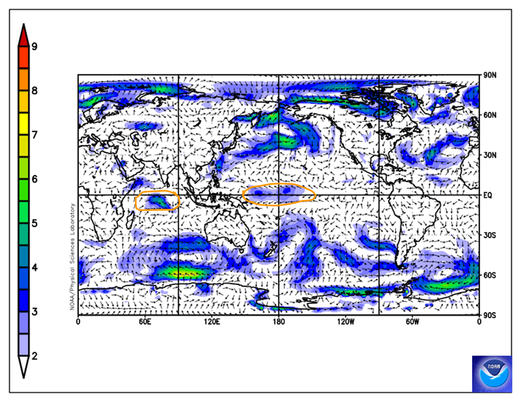 Map showing slightly stronger trade wind strength along the equator and a region of stronger westerly wind in the central Indian Ocean.