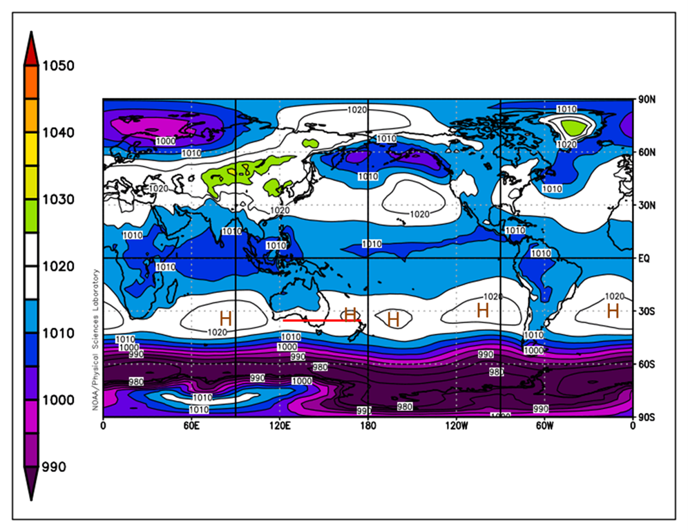 Map of the world showing the STR of high pressure is centred over Adelaide.