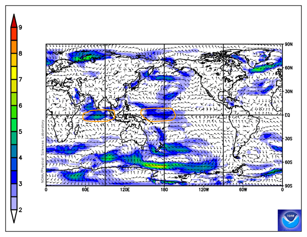 Map showing some stronger easterly trade winds across the western equatorial Pacific and a large zone of stronger westerly wind feeding into Sumatra.