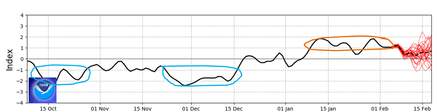 NOAA graph of the SAM, showing mainly negative in December and positive over January. Currently the SAM value is close to +1.0 with NOAA predictions to return to normal.