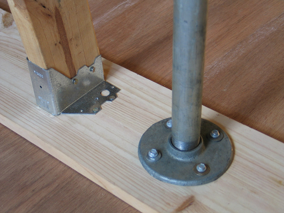 Diagram showing poles being fixed to timber using a joist hanger or a flange support
