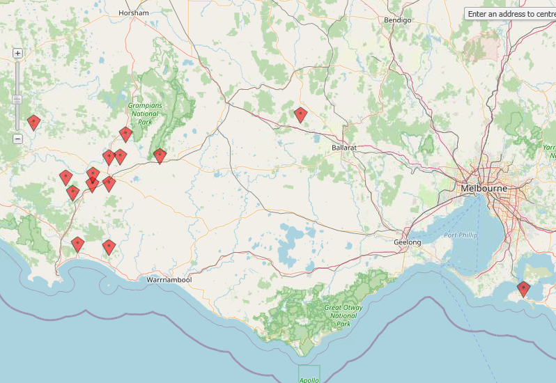 Map of part of Victoria showing reported cases of Listeriosis in 2021, with the majority in south west Victoria