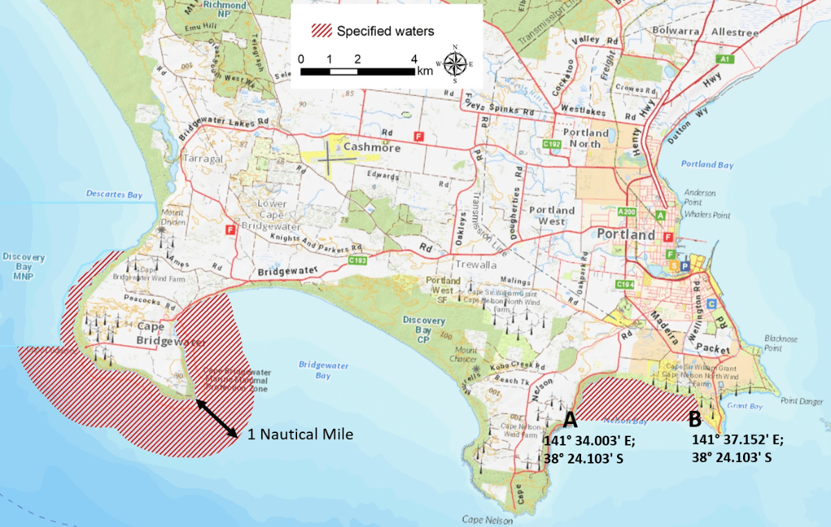 Map showing shaded areas where fishing for abalone and rock lobster is prohibited around Cape Bridgewater and an area in Nelson Bay: including the area of 1nm seaward from the high-water mark sounding Cape Bridgewater and the area north of a straight line between 141° 34.003' E; 38° 24.103' S and 141° 37.152' E; 38° 24.103' S