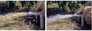 Image of flushing a submain next to an image of a Flushing a submain until water runs clean