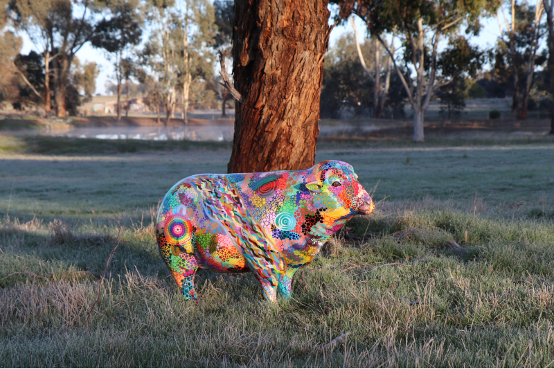  Sheep sculpture in a green, grassy paddock in front of a big tree. Sculpture is painted in indigenous Australian art using a variety of colours, including: red, blue, green, yellow and purple.