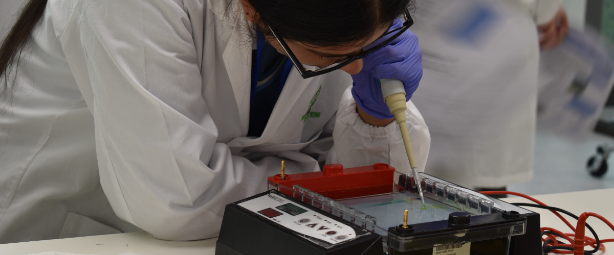 Image shows two students working with samples in a laboratory.