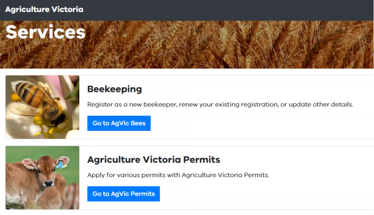 List showing the different services you can select from. Shown on screen are Beekeeping, and Agriculture Victoria Permits. You can use the buttons to select these services.