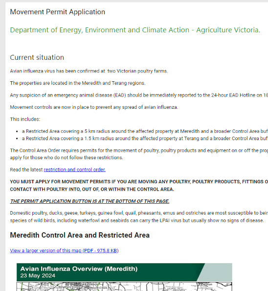 Screen showing the permit requirements and a collection and disclosure statement giving an overview of the current situation and the control and restricted areas.