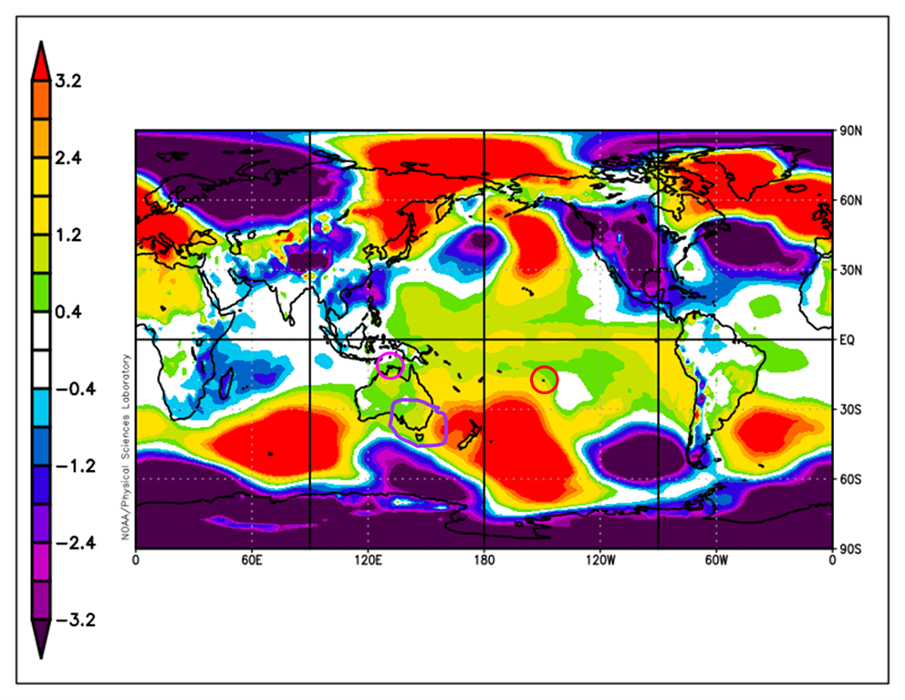 Map of the world showing slightly higher pressure over Victoria and much higher pressure to the west and east of the state.