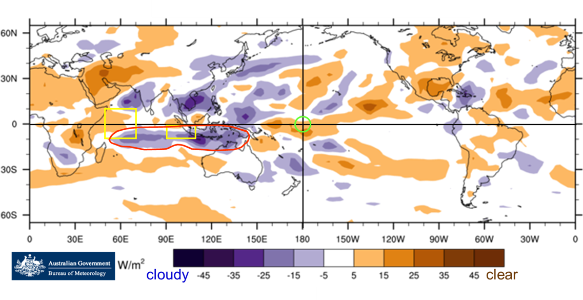 Map of the world showing cloud at the junction of the Date Line is slightly less than normal. An area of much greater cloud exists across northern Australia across to the central Indian Ocean.