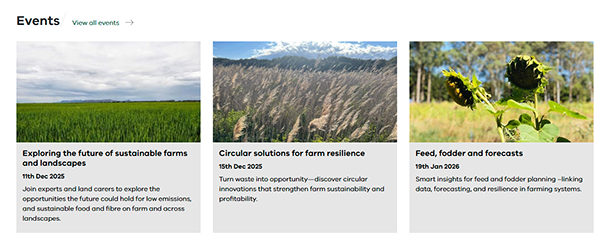 Screenshot of events bar on AgVic home page, showing thumbnail, date and description of 4 upcoming events.