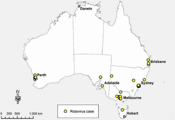 Map of Australia with confirmed cases shown in Queensland, New South Wales, Victoria, Tasmania and Western Australia