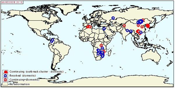 World map from the World Organisation for Animal Health of resolved and continuing disease outbreaks of avian influenza