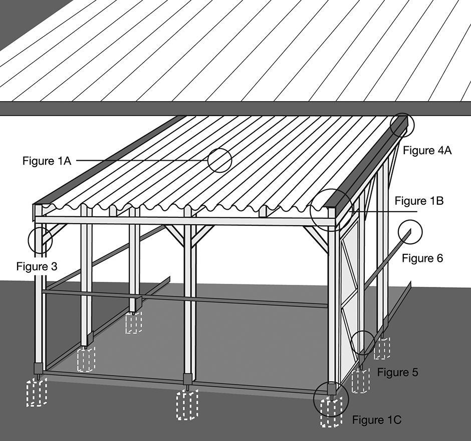 Diagram of patio structure attached to house with iron roof